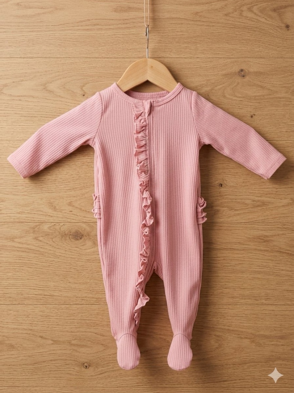 Koala Kids Pink Ribbed Ruffle-Trim Footed One-Piece